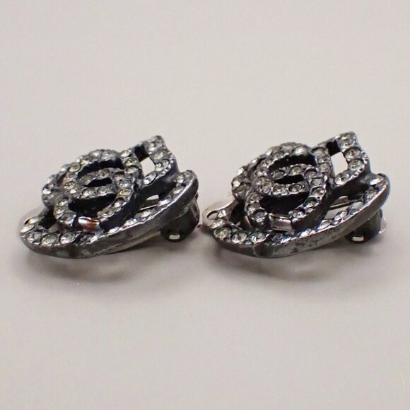 CHANEL Logo Camellia Motif Rhinestone Earrings 00A Silver France - Picture 13 of 16